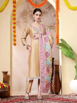 Jaipur Kurti - Floral Embroidered Straight Beige Kurta With Pant and Dupatta