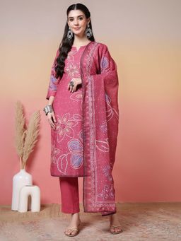 Jaipur Kurti - Bandhani Embroidered Straight Pink Kurta With Pant and Dupatta