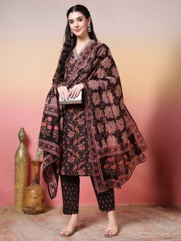 Jaipur Kurti - Floral Embroidered Straight Pure Cotton Black Kurta With Pant and Dupatta