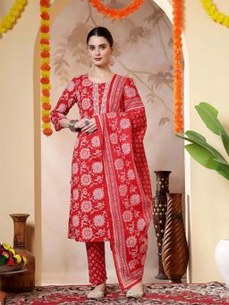 Jaipur Kurti - Floral Embroidered Straight Pure Cotton Red Kurta With Pant and Dupatta