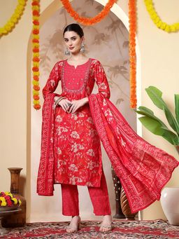 Jaipur Kurti - Floral Embroidered Straight Red Kurta With Pant and Dupatta