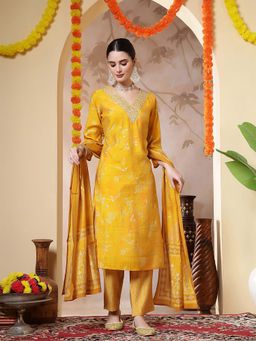 Jaipur Kurti - Floral Embroidered Straight Yellow Kurta With Pant and Dupatta