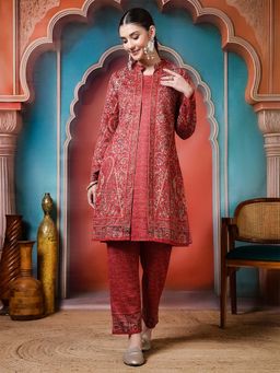 Jaipur Kurti - Floral Printed A-Line Wool Blend Red Co-ordset