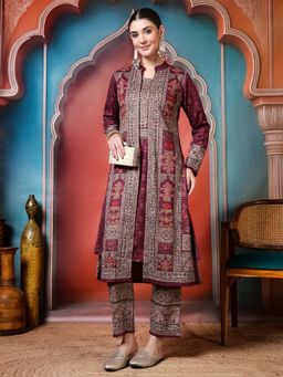 Jaipur Kurti - Floral Embroidered A-Line Wool Blend Magenta Co-ordset