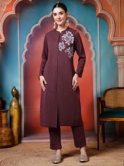 Jaipur Kurti - Floral Design A-Line Wool Blend Mauve Kurta and Trousers Sets