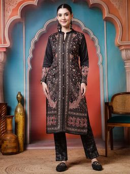 Jaipur Kurti - Floral Design A-Line Wool Blend Black Kurta With Pant