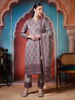 Jaipur Kurti - Floral Embroidered Straight Wool Blend Grey Kurta With Pant and Dupatta