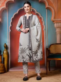 Jaipur Kurti - Floral Embroidered Straight Wool Blend Beige Kurta With Pant and Dupatta