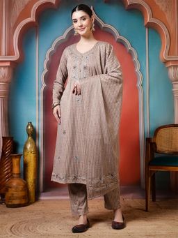 Jaipur Kurti - Floral Embroidered Straight Pure Wool Beige Kurta With Pant and Dupatta