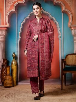 Jaipur Kurti - Floral Embroidered Straight Wool Blend Pink Kurta With Pant and Dupatta