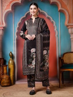 Jaipur Kurti - Floral Embroidered Straight Wool Blend Black Kurta With Pant and Dupatta