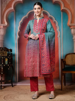 Jaipur Kurti - Paisley Embroidered Straight Wool Blend Blue Kurta With Pant and Dupatta
