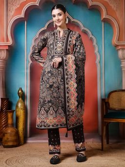 Jaipur Kurti - Paisley Embroidered Straight Wool Blend Kurta With Pant and Dupatta
