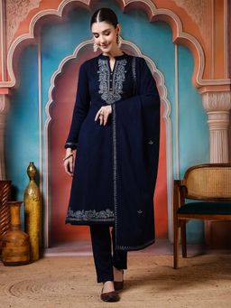 Jaipur Kurti - Embroidered Straight Wool Blend Blue Kurta With Pant and Dupatta