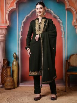 Jaipur Kurti - Embroidered Straight Wool Blend Olive Kurta With Pant and Dupatta