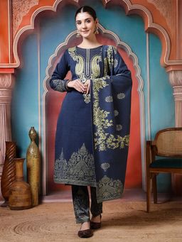 Jaipur Kurti - Paisley Printed Woven Design Straight Pure Wool Kurta With Pant and Dupatta
