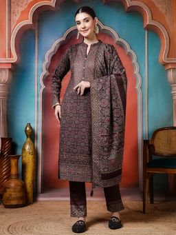 Jaipur Kurti - Floral Embroidered Straight Blend Brown Kurta With Pant and Dupatta