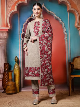 Jaipur Kurti - Floral Embroidered Straight Blend Beige Kurta With Pant and Dupatta