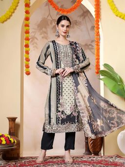 Jaipur Kurti - Floral Embroidered Straight Multi-Color Kurta With Pant and Dupatta