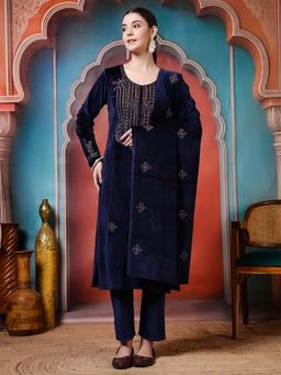 Jaipur Kurti - Embroidered Straight Blue Kurta With Pant and Dupatta