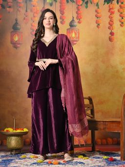 MYSHKA - Women Solid Wine Flared Sleeves Kurta Set with Dupatta