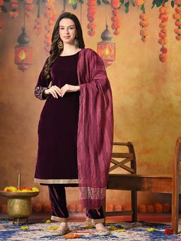 MYSHKA - Women Wine Embroidered Regular Sleeves Kurta Set with Dupatta