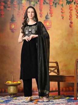 MYSHKA - Women Black Embroidered Sleeveless Kurta Set with Dupatta