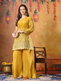 MYSHKA - Women Yellow Embroidered Off Shoulder Kurta Sets