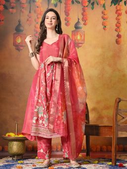 MYSHKA - Women Pink Embroidered Sleeveless Kurta Set with Dupatta