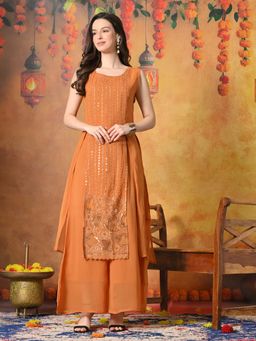 MYSHKA - Women Fanta Embroidered Sleeveless High Slit Kurta Set