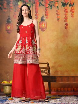 MYSHKA - Women Red Embroidered Front Slit Strap Kurta Set