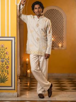 Jompers - White Cotton Blend Printed and Thread Work Kurta for Men