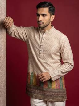 Jompers - Beige Cotton Blend Printed and Thread Work Kurta for Men