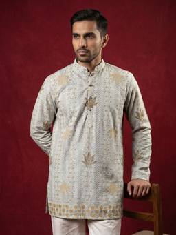 Jompers - Grey Cotton Blend Printed and Thread Work Kurta for Men