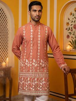 Jompers - Peach Floral Embroidered Kurta for Men