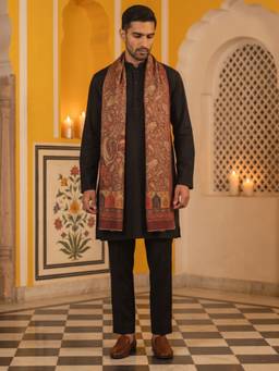Jompers - Black Men Silk Blend Solid Kurta with pyjama & Paisley Printed Dupatta