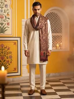 Jompers - White Men Silk Blend Solid Kurta with pyjama & Paisley Printed Dupatta