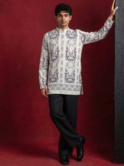 Jompers - White Cotton Blend Ethnic Printed Kurta with Pyjama