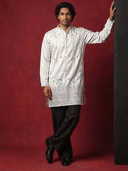 Jompers - White Men's Silk Blend Embroidered Kurta with Pyjama
