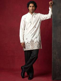 Jompers - Cream Silk Blend Embroidered Kurta with Pyjama