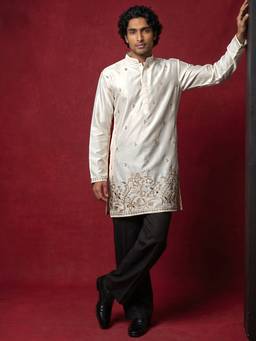 Jompers - Cream Silk Blend Embroidered Kurta with Pyjama