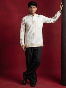 Jompers - White Cotton Blend Printed and Thread Work Kurta for Men
