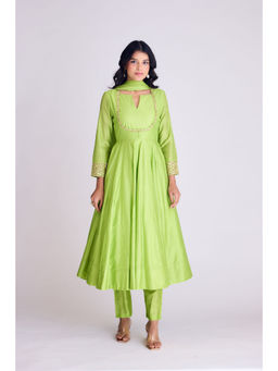 Basanti Kapde aur Koffee - Lime Green Embellished Anarkali Kurta with Pant and Dupatta (Set of 3)