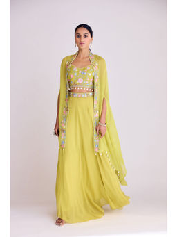 Basanti Kapde aur Koffee - Green Georgette Lehenga with Blouse and Cape (Set of 3)