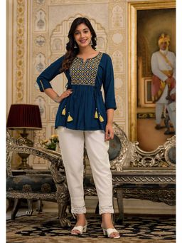 Juniper - Blue Thread Embroidered Liva Rayon Tunic with Mirror Work and Tassels