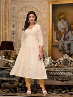 Juniper - Ivory Floral Printed Chanderi Kurta with Mirror Work Embroidery