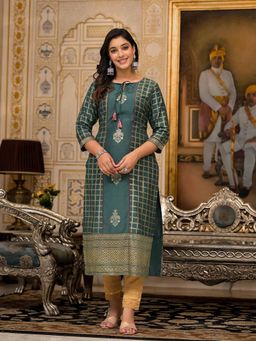 Juniper - Bottle Green Ethnic Motif Printed Cotton Women Kurta with Dori Detail
