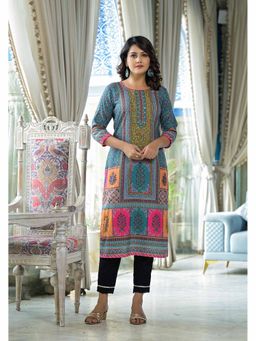 Juniper - Blue Floral Printed Liva Rayon Kurta with Beads and Sequins Work