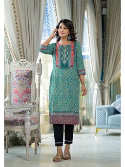 Juniper - Teal Ethnic Motif Printed Liva Rayon Kurta with Sequins and Gota Patti Work