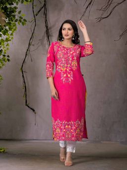 Juniper - Pink Floral Printed Liva Rayon Kurta with Sequins and Beads